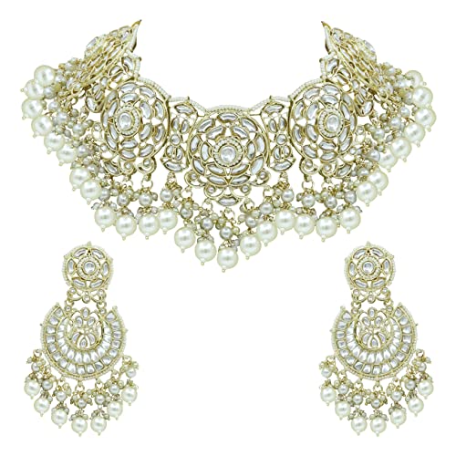 Gargantilla de perlas Kundan blancas en metal para mujer