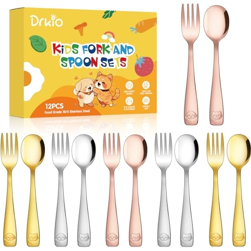 DRKIO Stainless Steel Toddler Utensils Set - 12 Pieces Kids Silverware Set Children Safe F...