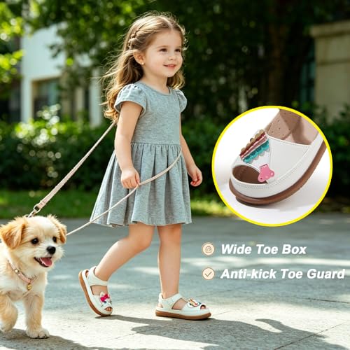 Image of Toddler Girl Sandals with Flower, Breathable Leather kids Closed Toe Sandals, Soft Rubber Non-Slip Summer Shoes for Little Girls 2-7 Years
