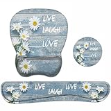 Mouse Pad Wrist Support and Keyboard Wrist Rest Set with Coasters, Dreamy Daisy Vintage Wood Board Live Love Laugh with Non-Slip PU Base Ergonomic Mousepad for Home Office Working Studying