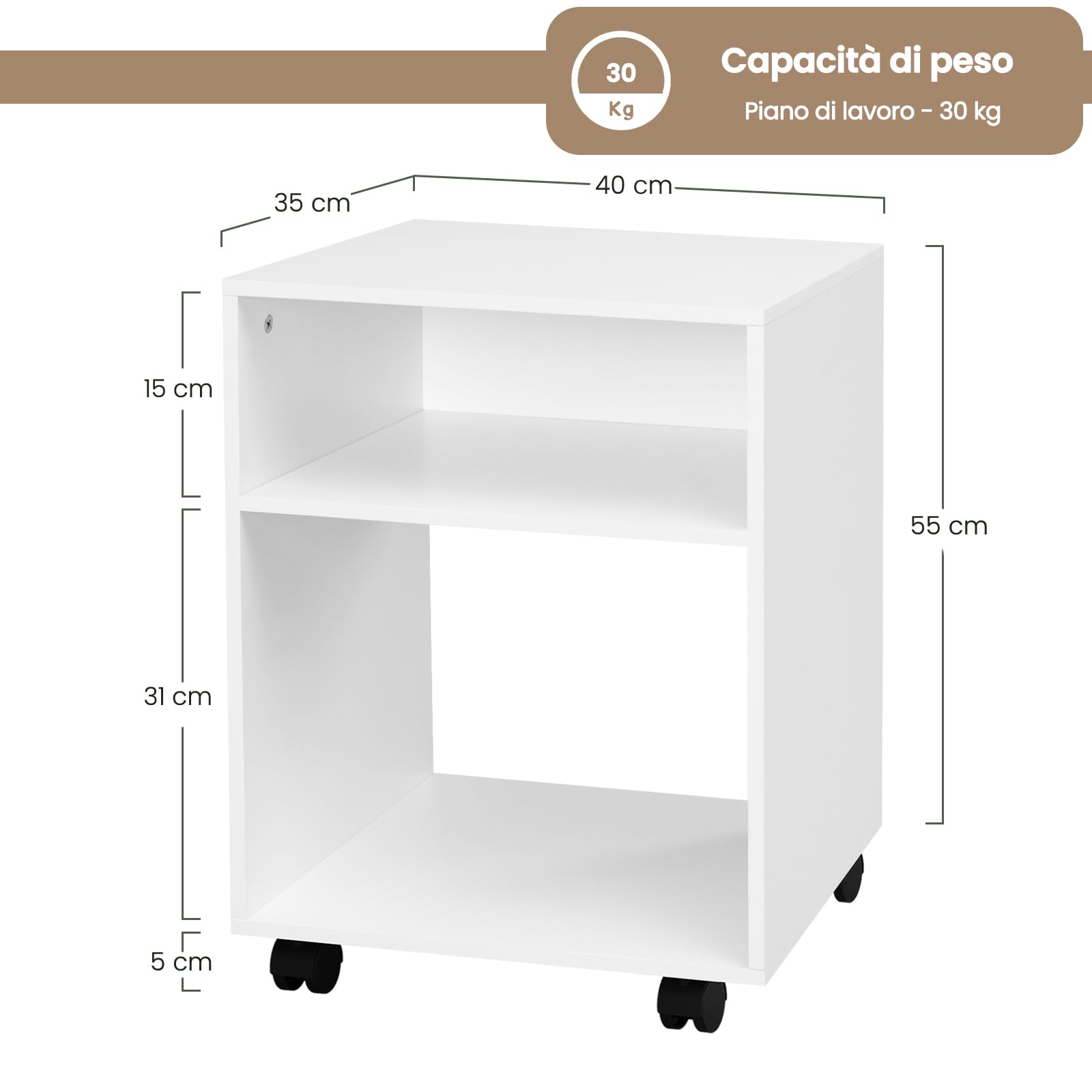 EUGAD Porta Stampante con Ruote, Mobile Stampante con 2 Scomparti Aperti, Tavolino Mobile, per Ufficio e Casa, in Legno, 40x35x55 cm