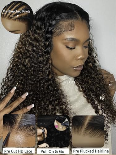 Image of KLAIYI Ombre Brown Water Wave Bye Bye Knots Glueless Wig Human Hair Pre Cut 7x5 Lace Front Wigs Drawstring Pre Plucked Bleached Highlight Balayage Curly Ready to Wear and Go Wig with Dark Roots 26Inch