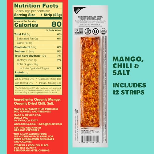Image of SOLELY - Organic Spicy Mango Chili and Salt Fruit Jerky - 12 Individually Wrapped Strips - Fruit Leather Made from Dried Fruit - Healthy Snacks for Adults & Kids - Vegan, Non GMO - 0.8oz (23g)