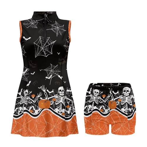Xpyeesfuen Spiderweb Tennis Dresses for Women with 2 Pockets Built in Shorts Bat Skull Workout Athletic Dresses A-line Halloween Costumes Suitable for Multiple Scenarios XS-2XL(Orange)