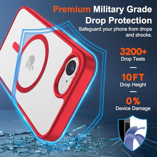 Image of DIZORO Compatible iPhone 17e / iPhone 16e Case,Compatible with MagSafe, Non Yellow Military-Grade Drop Protection & Hard PC Back Cover Slim Transparent Anti-Scratch Shockproof Phone Case - Red