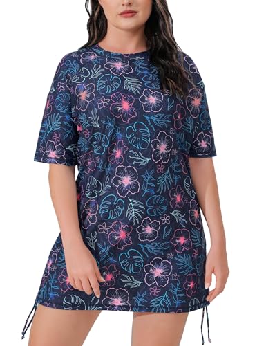 Halcurt Women's Plus Size Short Sleeve Rash Guard Ruched Side Drawstring Adjustable Swim Shirt UPF50 Quick Dry Swimsuit Top