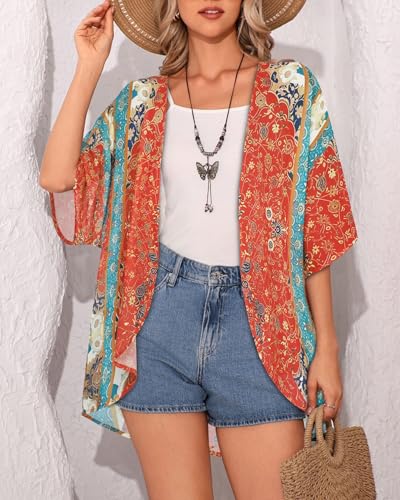 Image of Women's Floral Print Puff Sleeve Kimono Cardigan Loose Cover Up Casual Blouse Tops 2026