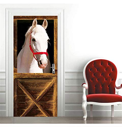 HSKABA Stickers Affiche Autocollante de Porte, 3D Intérieure Chambre Décoration Trompe l'oeil Sticker Muraux,Cheval D'écurie Blanc,Déco Murale Qualité HD 77 x 200 cm Cover