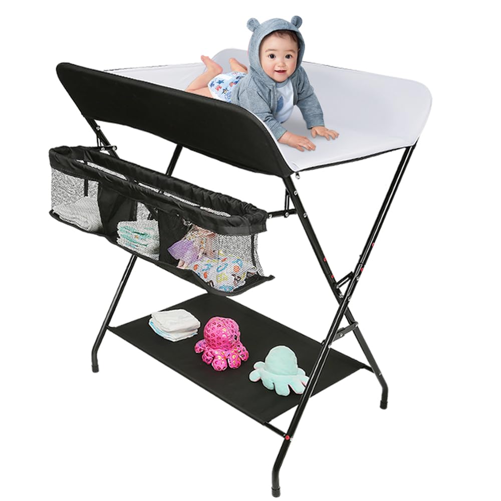 Table à langer pliante, Station à langer pour bébé portable, ceinture de sécurité, réglable en hauteur, pour Nouveaux-Nés Design Ergonomique, Table à Langer Pliable et Portable (noir et blanc)