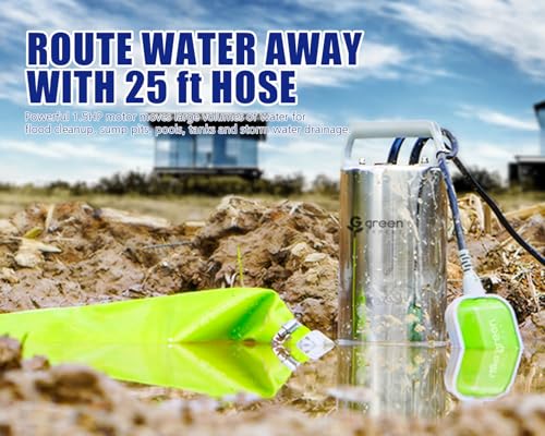 Image of Green Expert 1.5HP Submersible Sump Pump Kit with 25 ft Lay-Flat Discharge Hose, 6000 GPH 304 Stainless Steel Water Removal Pump with Tethered Float Switch for Basement, Sump Pit & Pool Drainage