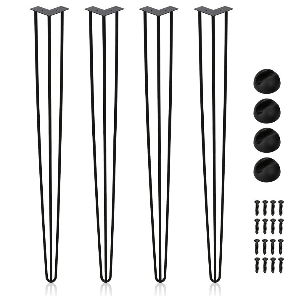 Haarnadel Tischbeine 4er Set, Metall Schwarz mit 3-Stange Bein, Hairpin Leg für Schreibtisch, Kaffeetisch, mit Bodenschoner und Schrauben（72cm）