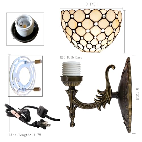 Image of Tiffany Wall Sconce Lamp Stained Glass 8X10.5X11 Inch Plug in Wall Bedside Light for Hallway Bedroom (Amber Bead Style)