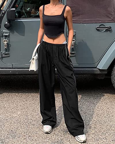 Women Y2K Baggy Track Pants Elastic Waist Wide Leg Parachute Jogger Sweatpants3