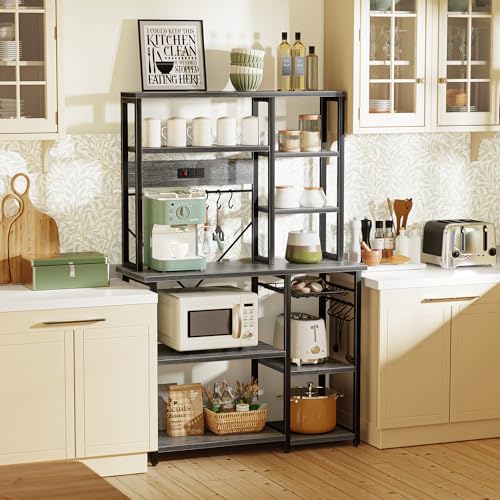 Image of SUPERJARE Large Bakers Rack with Power Outlets, 6-Tier Microwave Stand, Coffee Bar with 12 S-Shaped Hooks, Kitchen Shelf with Wire Basket, 39.4 x 14.6 x 66.9 Inches, Charcoal Gray