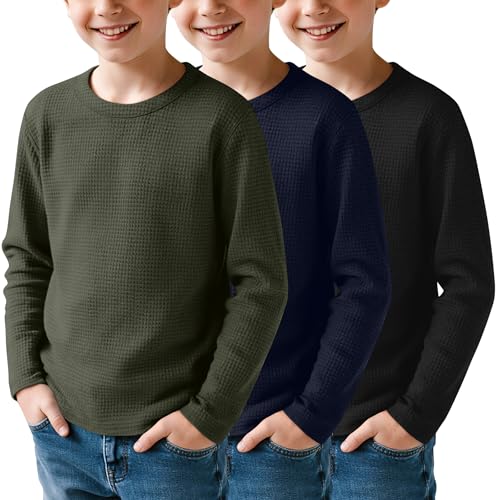 3 Pack Boys Waffle Long Sleeve T-Shirts 5-14 Years, Cotton Thermal Crewneck Tops Kids Fall Warm Shirts Basic Tees