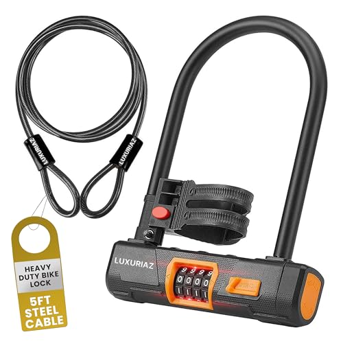 Luxuriaz Heavy Duty Bike Lock with 5ft Steel Cable, 4-Digit Resettable Combination U-Lock, Durable Cable Lock for Secure U Lock Bike Protection