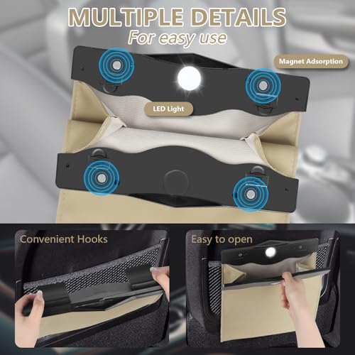 Image of XSUPER Car Trash Bag - Waterproof PU Leather Hanging Trash Can with Smart LED Light & Magnet Closure for Back Seat, Portable Trash Bin Includes 15 Rubbish Bags(Beige)