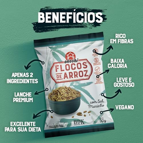 OKOSHI - Flocos de Arroz com Sal Marinho - Snacks Saudáveis de Baixa Caloria, Lanches Fit para a Die