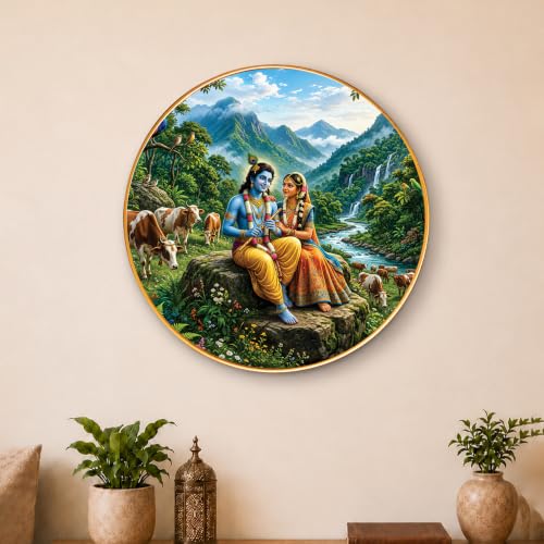 Image of PAINTINGMANTRA Radha Krishna Pichwai painting Framed Wall Art Painting For Living Room, Spiritual Religious Poster with frame for Wall, Decoration item for bedroom & Home, 16 Inch
