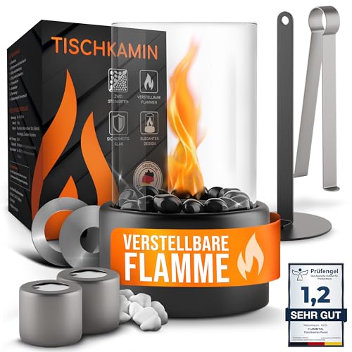 flammtal - Oxhak tavoline [4 orë kohë djegieje] - Zjarr tavoline për ambiente të brendshme dhe të jashtme - Me flakë të rregullueshme - Oxhak bio etanol me dy lloje guri [të bardhë dhe të zi] -...