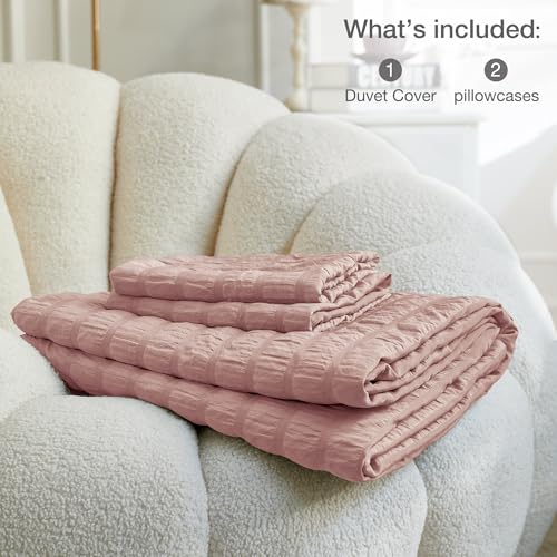 Image of JELLYMONI Seersucker Duvet Cover Set Full, 3pcs Smokey Pink Polyester | In Guest Room & Studio, Single Upgrades Pick, Crinkled Texture, Oeko-Tex Certified, 8 Corner Ties & Hidden Zipper