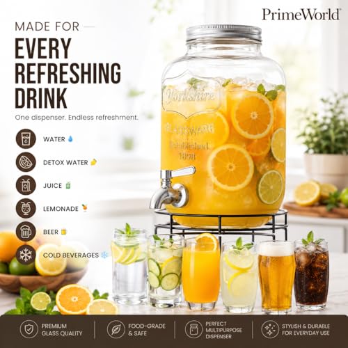 Image of PrimeWorld 1Pc 5 LTR Glass Water Beverage Dispenser - Air Tight Lid Glass Pitcher for Detox Water - Mason Jar - Counter Table Top Juice Water Beer Dispenser for Home & Kitchen Restaurant Party