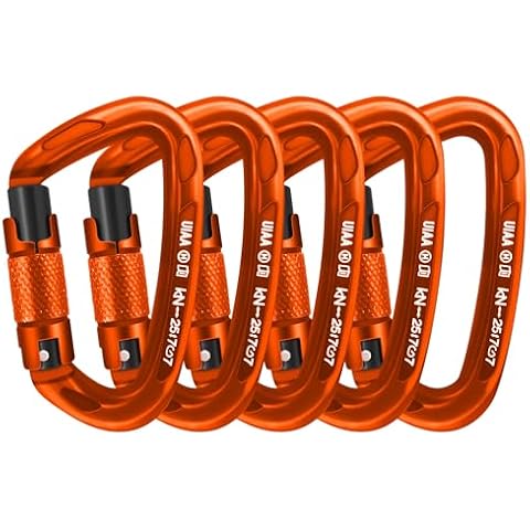 AINIKEY Climbing Carabiner Clips 25kN Auto Locking Carabiner, Professional Heavy Duty Large Locking Carabiner Clips for Rock/Ice Climbing Rappelling Rescue Swing etc, D Shaped, Large Size（Orange-5PCS） Cover