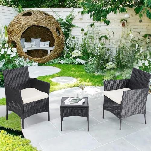 NEWBULIG Patio Furniture Conversation Set Outdoor Rattan Chair Garden PE Wicker Sofa Sofa Backyard Balcony Porch Poolside Loveseat with Soft Cushion and Glass Table, 3 Piece, Black
