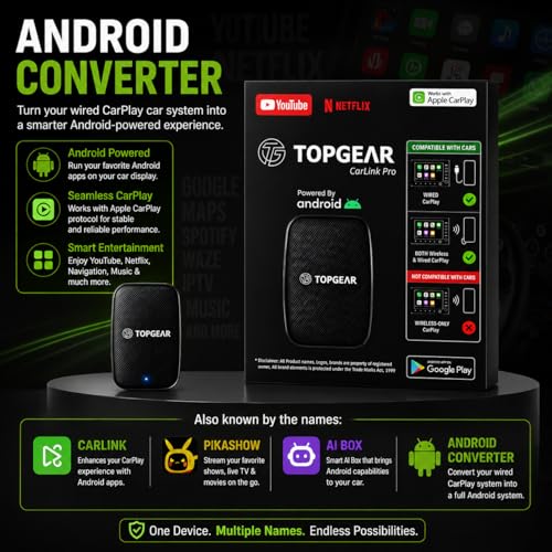 Image of TOPGEAR Ai Box for CP | Carlink | Android Converter | Picasso | Smart Car Media Box | for Wired Carplay Cars Only | 16GB Storage | Plug & Play CP Protocol Adapter | Upgrade Your Car Infotainment