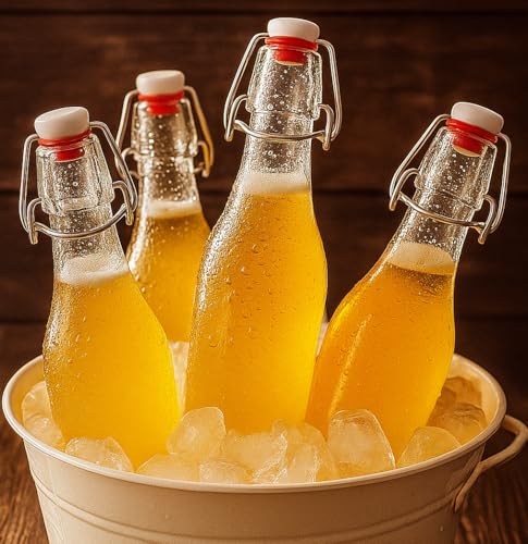 Image of Clear Glass Bottles with Airtight Swing Top Lids - Leakproof Reusable Glass Jars for Juice, Oil, Water, Milk, Kombucha, Vinegar, Beverages - Round, Pack of 2