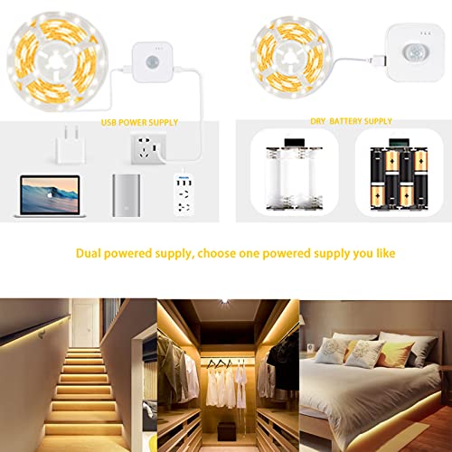Image of Motion Sensor LED Light Strip with Dual Power Supply and Auto Shut-Off Timer, Night Light, 9.84ft Motion Activated Waterproof LED Strip Light for Kitchen, Cabinet, Bedroom, Shelf, Bed Warm White 2700K