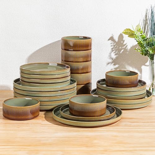 Image of TheTerra Ceramic Dinnerware Sets for 8, 24 Pieces Porcelain Lightweight Plates and Bowls Sets, Scratch Resistant Dish Set, Oven & Microwave & Dishwasher Safe, Sage Umber