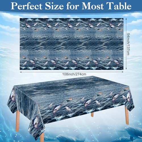 Image of Ganeen 3 Pcs Fishing Tablecloth Disposable Plastic Table Covers Ocean Scene Waterproof Tablecloths for Gone Fishing Themed Tournament Birthday Party Decor, 54 x 108 Inch