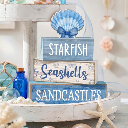 Image of Moucuny 4 Pcs Nautical Beach Decor Shell Tiered Tray Decoration Blue Bow Table Centerpieces Summer Rustic Decorative Block Signs Gift Farmhouse Table Sign for Home Kitchen Shelf