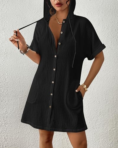 Bsubseach Cotton Swimsuit Cover Up For Women 2025 Button Down Hooded Shirt Short Sleeve Beach Cover Ups With Pockets2
