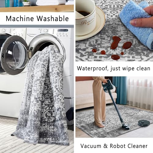 vivorug 6x9 Area Rugs, Stain Resistant Washable Rug for Living Room, Vintage-Inspired Grey Rug