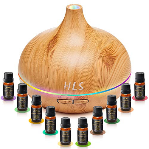 Aroma Humidifier for Essential Oil Large Room Set with 10 Essential Oils, Aromatherapy Ultrasonic Diffusers for Essential Oils Wood Grain,Bedroom Vaporizers Cool Mist Humidifier for Home and Office
