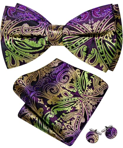 Image of Barry.Wang Paisley Striped Bow Tie for Men Silk Pre-Tied Bowtie Pocket Square Cufflinks Set Formal Wedding Party Prom