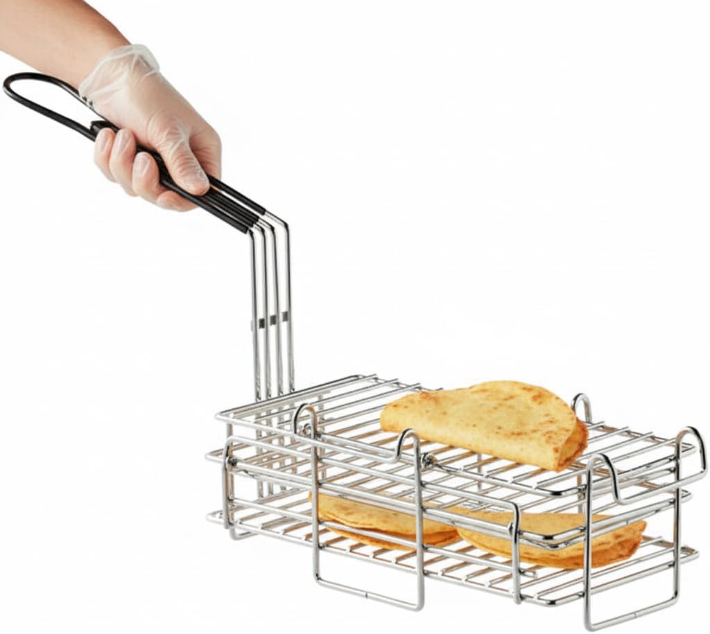 2-Level Nickel-Plated Steel Burrito/Chimichanga Fryer Basket, 12.5" x 6.63" x 4.63", Front and Left Hooks, Turnover deep fryer basket