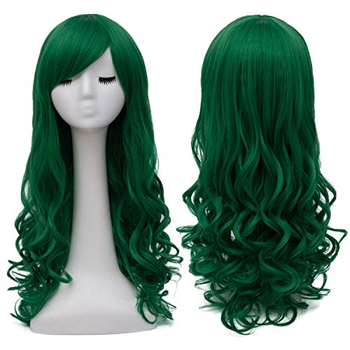 Bopocoko Green Wigs for Women Long Curly Hair Wig with Bangs Heat Resistant Synthetic Wigs for St Patricks Day Party Halloween BU156GR