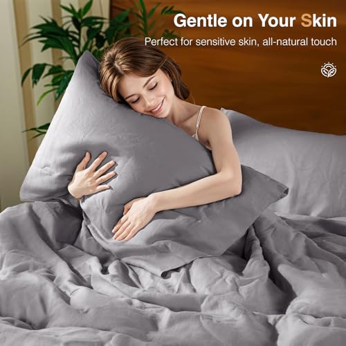 SONORO KATE 100% French Linen Duvet Cover Queen Size, Soft Breathable for Hot Sleepers, Moisture Wicking & Durable Cover Set - Zipper Closure & 4 Corner Ties Duvet Covers 3 Piece (Dark Grey,Queen)