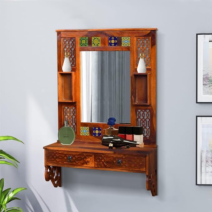 Image of Sheesham Wood Full-Length Dressing Mirror with 2 Drawers | Compact Decorative Standing & Wall Hanging Mirror for Bedroom, Hallway, Entryway | Natural Honey Finish Wooden Frame
