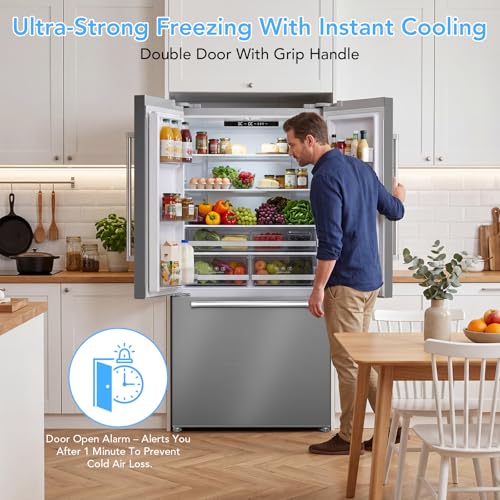 Image of Electactic 20.3 Cu. Ft. French Refrigerator, 3-Door French Door Refrigerator with Built-in Ice Maker, Digital Temperature Control with Bottom Mount Freezer Drawer for Kitchen Commercial-Grey