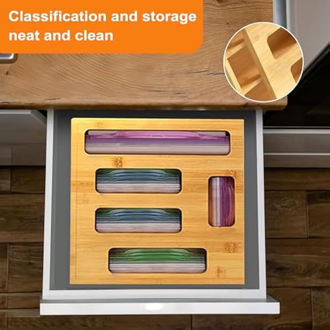 Plastic Bag Organizer for Drawer, Bamboo Food Storage Bags Container, Practical Accessories for Kitchen Organization, Compatible Gallon, Quart, Sandwich Snack, Natural (1 Box 5 Slots)
