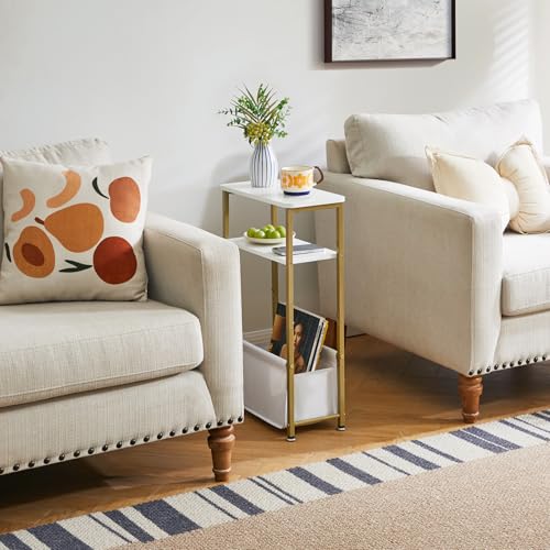 Aibiju Mesa Auxiliar Estrecha, Mesa Lateral Delgada con Cesta de Tela de Almacenamiento, Mesita de Noche para Espacio Pequeño, 40x20x66 cm para Sala de Estar, Blanco YD-ST002J - imagen 4