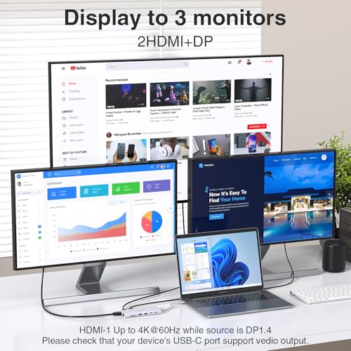 Image of USB C Hub USB-C Docking Station Dual Monitor 14 in 1 Triple Display Multiport Adapter with 2 HDMI+DP+7 USB Type C /A Ports+Ethernet+Audio, USBC Dongle for Dell /HP /Lenovo ThinkPad /Surface(Sliver)