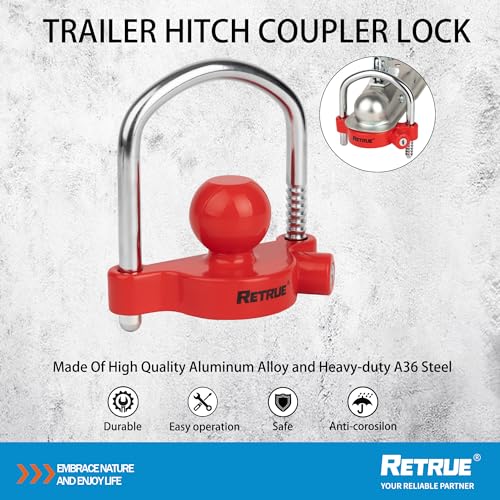 Image of RETRUE Universal Coupler Lock Trailer Locks Ball Hitch Trailer Hitch Lock Adjustable Security Heavy-Duty Steel Fits 1-7 /8 Inch, 2 Inch, 2-5 /16 Inch Couplers, Red
