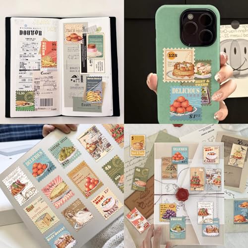 Image of Vintage Aesthetic Food Postage Stamp Stickers for Adults - Classic Fruit Cake Grape Roast Chicken Waterproof Vinyl Stickers | Journal Planner Laptop Scrapbooking Food Stickers