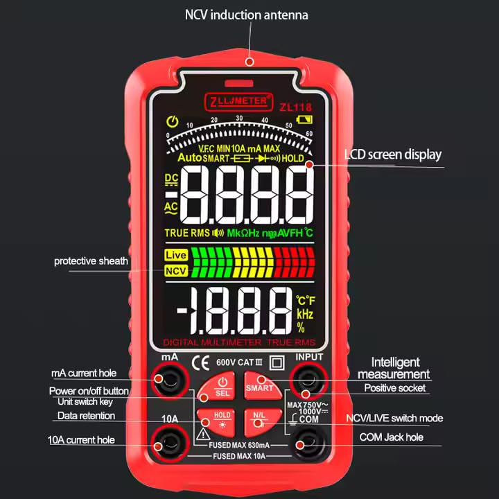 Front view of the ZLLJMETER ZL118 multimeter with labeled components: NCV induction antenna, LCD screen display, protective sheath, mA current hole, Power on/off button, Unit switch key, Data retention, 10A current hole, Intelligent measurement, Positive socket, NCV/LIVE switch mode, COM Jack hole, Fused Max 630mA, Fused Max 10A.