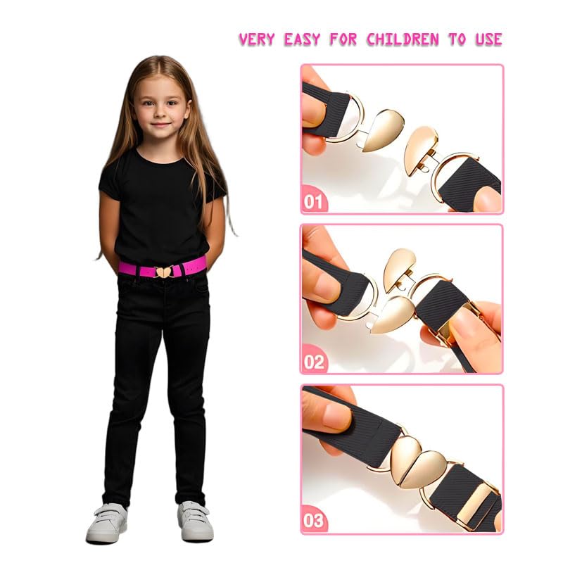 3 Piece Set, Girls Stretch Belt - Adjustable Heart Buckle Stretch Belt for Boys and Girls3